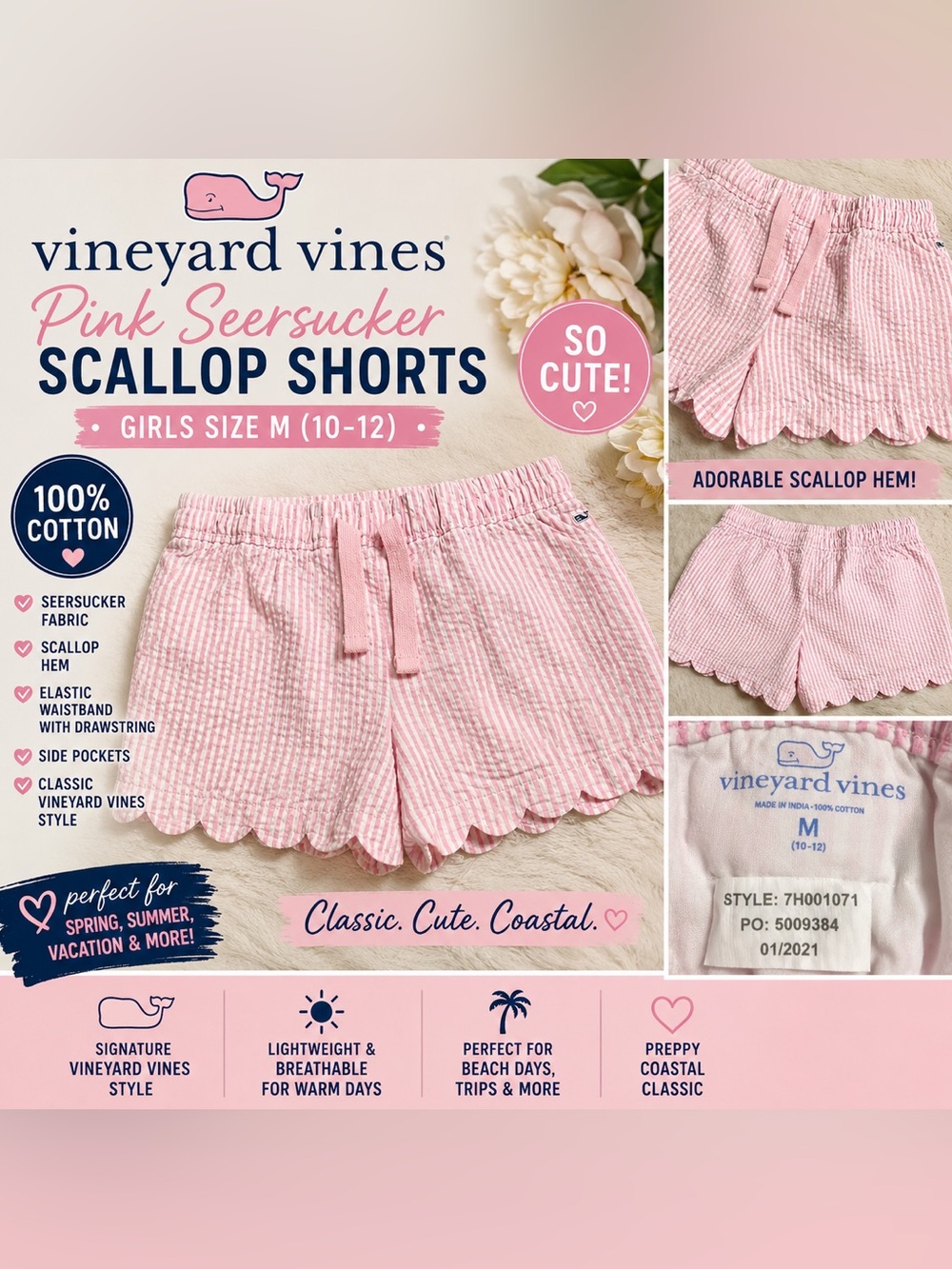 Vineyard Vines Girls Pink Seersucker Scallop Shorts Size M 10-12